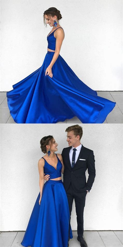 Two Piece Prom Dresses Royal Blue Prom Dresses 2 Piece Prom Gowns Satin