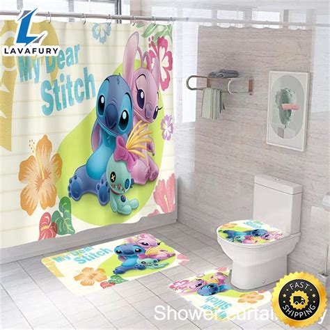 Lilo Stitch Cartoon Waterproof Shower Curtain Toilet Cover Mat Lid