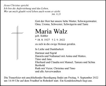 Traueranzeigen von Maria Walz Schwarzwälder Bote Trauer