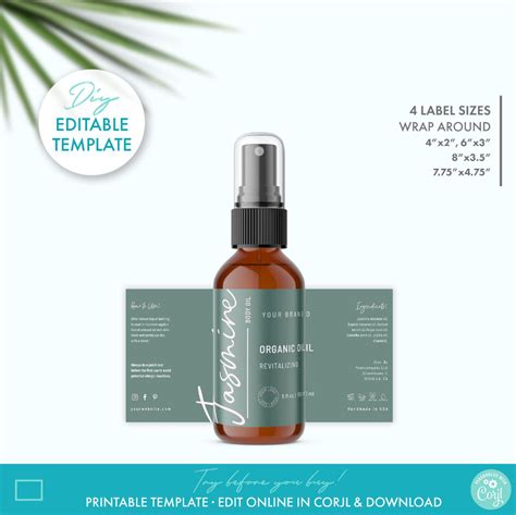 Printable Body Product Bottle Label Template 4 Sizes Diy Elegant Cosmetic Labels Editable Body