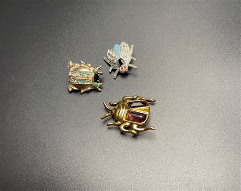 Set Of 3 Beetle Bug Pins One Swarovski And Two Coro Pins One A