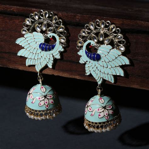 Buy Fabula Green Blue Meenakari Enamel With Kundan Pearls Peacock