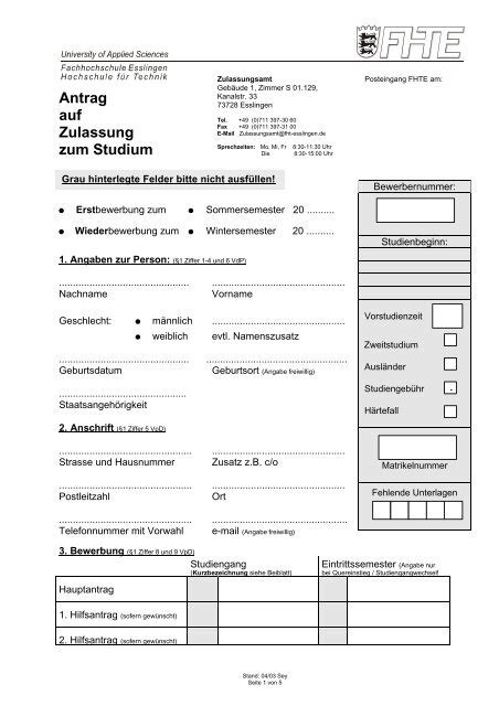 Antrag Auf Zulassung Zum Studium Hochschule Esslingen