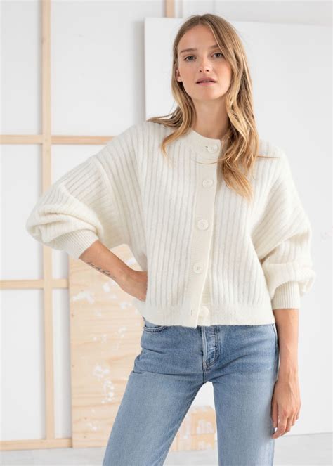 Oversized Ribbed Crewneck Cardigan White Cardigans And Other