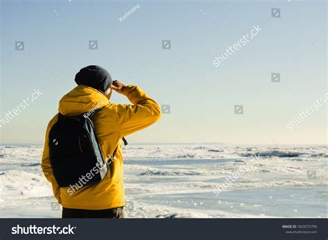 Faceless Man Yellow Raincoat Backpack Standing Stock Photo 1829575790