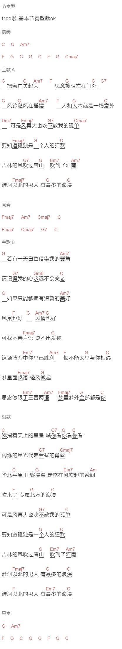 木吉他乐谱六线谱《吉林的风吹过唐山吹到了河南》c调吉他谱 初级版曲谱 吉他简谱