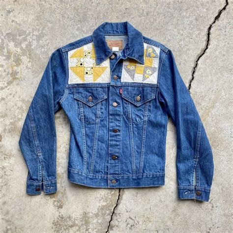 Vintage 70s Upcycled Levis Jacket Churn Dash Quilt Patch Denim Jacket