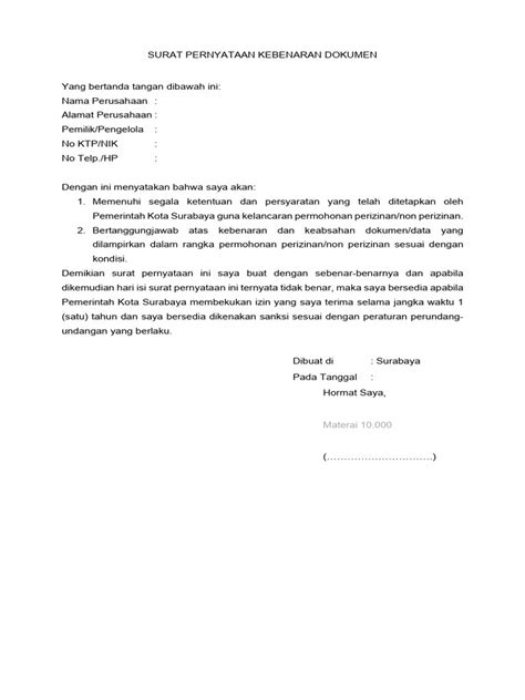 surat pernyataan kebenaran dokumen pmk