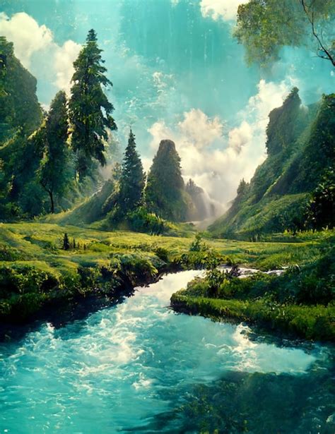 Pintura de un río que atraviesa un frondoso bosque verde generativo ai