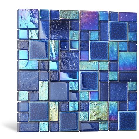 Blujellyfish Blue Glass Mosaic Tiles French Pattern Square Mosaics