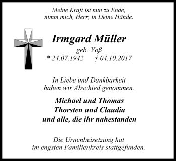 Traueranzeigen von Irmgard Müller Trauer in NRW de