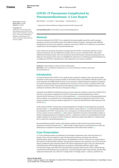 (PDF) COVID-19 Pneumonia Complicated by Pneumomediastinum: A Case Report