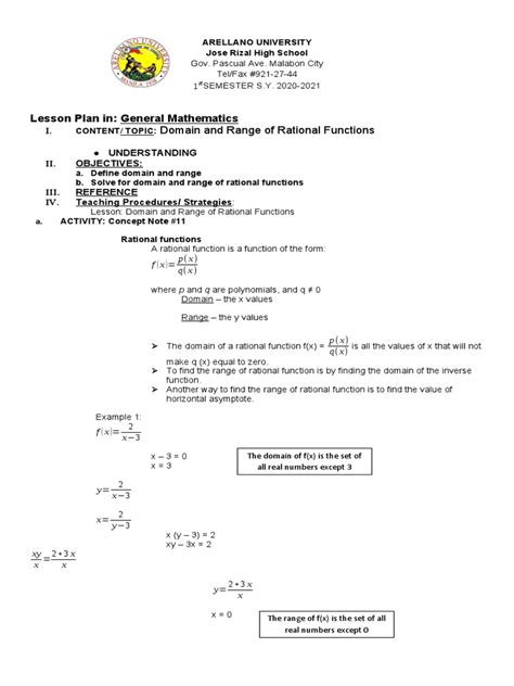 Lesson No 11 Domain And Range Of Rational Functions Pdf Function