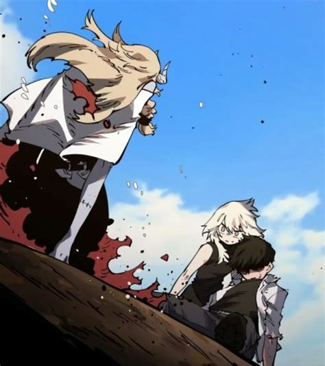 Two Anime Characters Standing On Top Of A Hill With Blood Pouring Out