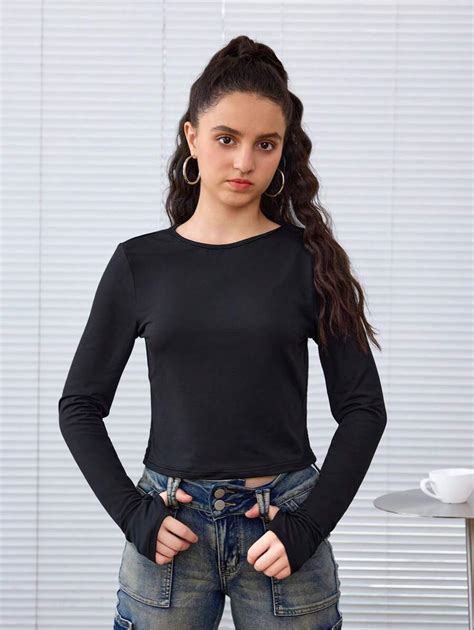 Shein Teen Girl Knitted Solid Color Slim Fit Round Neck Long Sleeve