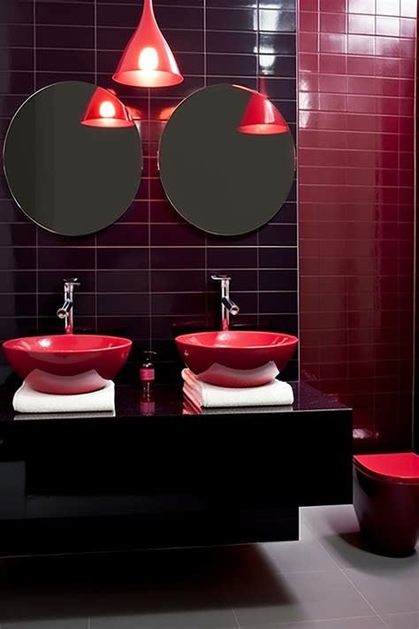 Red And Black Bathroom With Sinks And Mirror Background Wallpaper Image