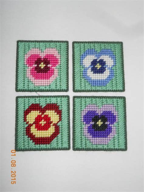 Pansy Coasters Set Of 4 Plastic Canvas Spring Flowers Plastic Canvas Patterns Plastic