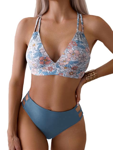 Fanuerg Women S Sexy V Neck Bikini Sets Hollow Out Two Piece Swimsuits