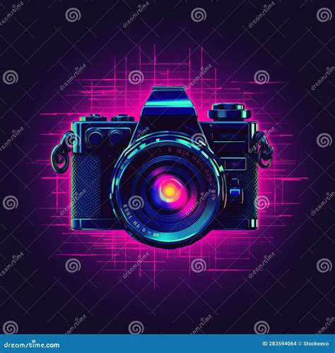 Synthwave Retro Camera Logo Minimal Pixel Art On Dark Background Stock