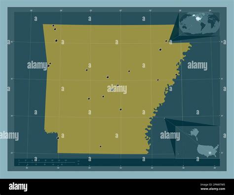 Arkansas, state of United States of America. Solid color shape. Locations of major cities of the ...