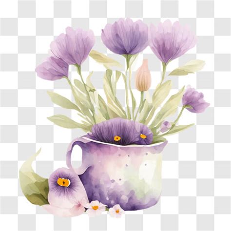 Descarga Pintura Acuarela De Flores Moradas En Una Taza De Caf Antigua