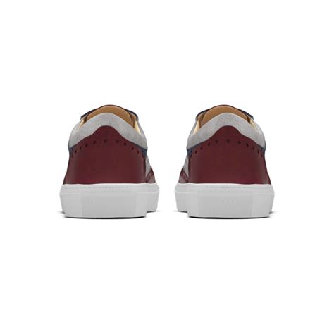 Burgundroter Grauer Und Blauer Sneaker Aus Kalbsleder Und Veloursleder