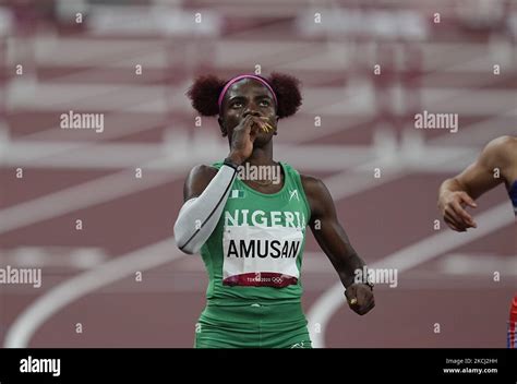 Tobi Amusan during 100 meter hurdles for women at the Tokyo Olympics, Tokyo Olympic stadium ...