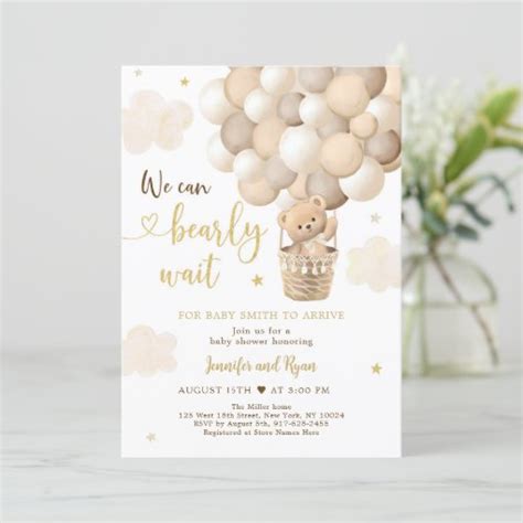 Teddy Bear Hot Air Balloon Gold Baby Shower Invitation Zazzle