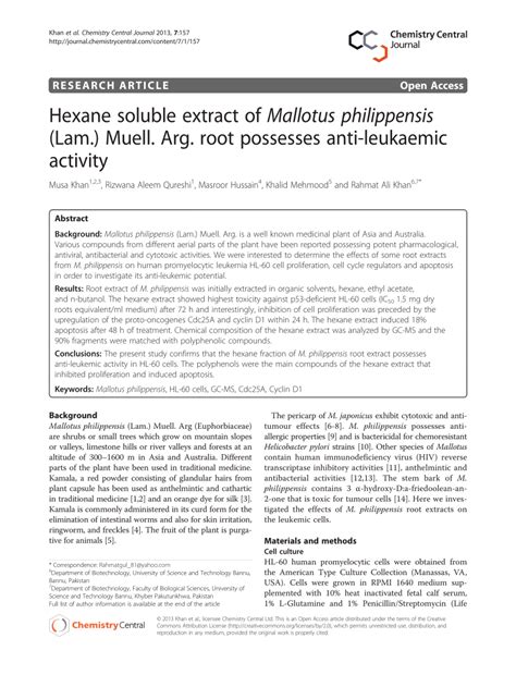 Pdf Hexane Soluble Extract Of Mallotus Philippensis Lam Muell Arg