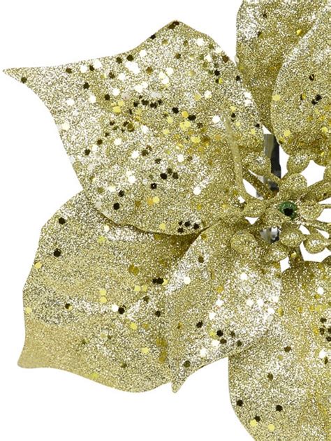 Champagne Gold Glitter Poinsettia Christmas Flower Stem Pick Cm