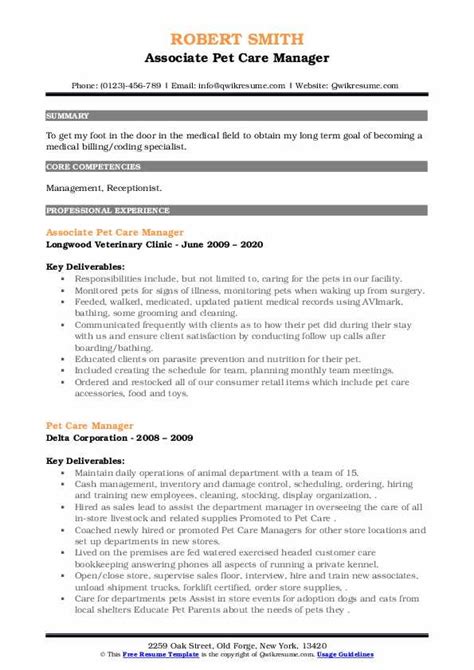 Pet Care Manager Resume Samples Qwikresume