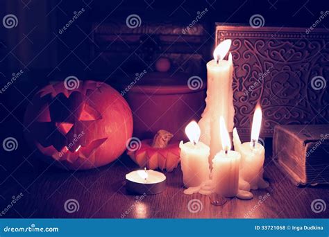 Halloween Pumpkins And Candles Stock Photo Image Of Stilllife Dusk