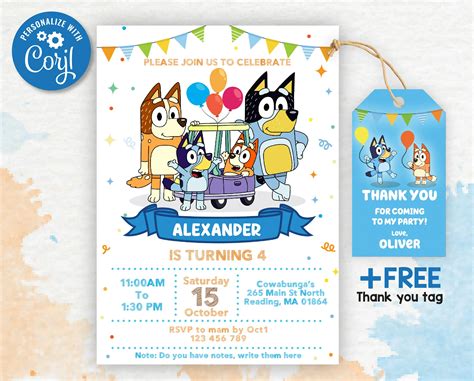 Bluey Birthday Party Invitation | Free thank you tag | Editable ...