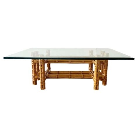 Table Basse Boho Chic En Bambou Et Rotin Avec Plateau En Verre Biseaut