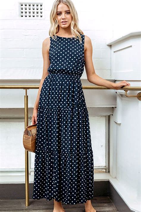 Women Dark Blue Polka Dot Round Neck Keyhole Casual Maxi Dress M