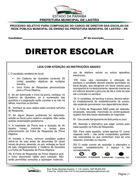 Prova para Diretores Escolares - Lastro PB | PDF | Pedagogia | Aprendizado