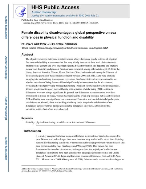 PDF Female Disability Disadvantage A Global Perspective On Sex Differences In Physical