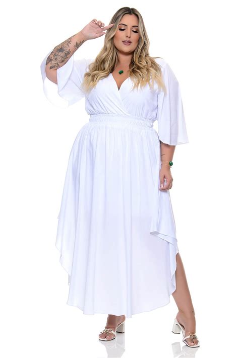 Vestido Plus Size Transpassado Assimétrico Branco Vk Moda Plus Size