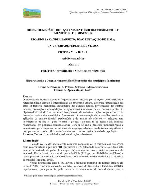 Hierarquiza O E Desenvolvimento S Cio Econ Mico Dos Munic Pios