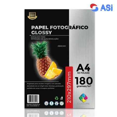 Papel A4 180g Fotográfico Glossy X COLOUR 50 Folhas ASI Suprimentos