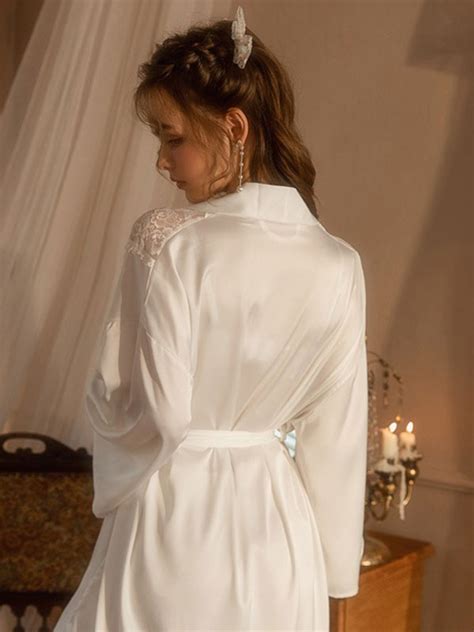 Pajamas Sleepwear Champagne Lace Piece Long Sleeves Silk Like Lingerie Milanoo