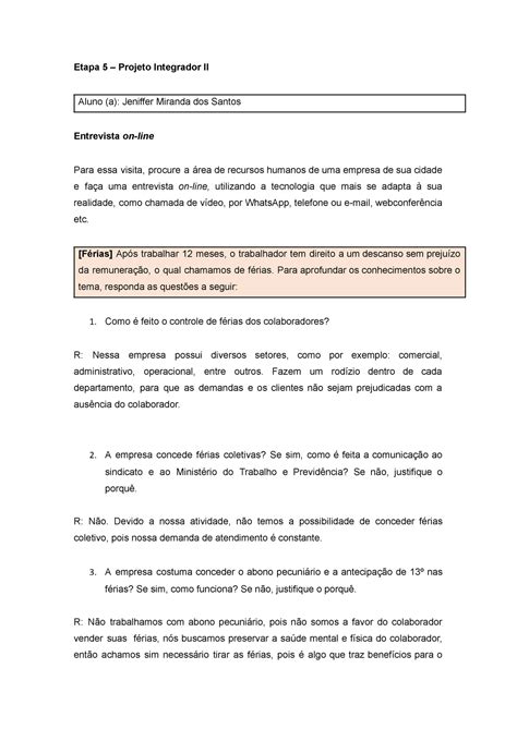 Etapa 5 Modelo Atividade Etapa 5 Projeto Integrador II Aluno A