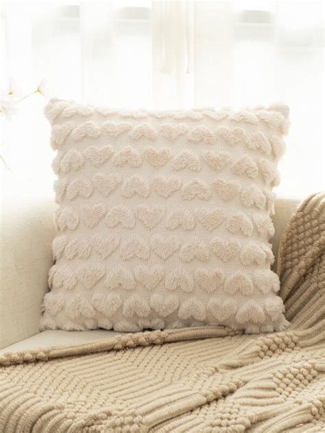 Fuzzy Heart Cushion Cover Without Filler Beige Heart Tufted Throw