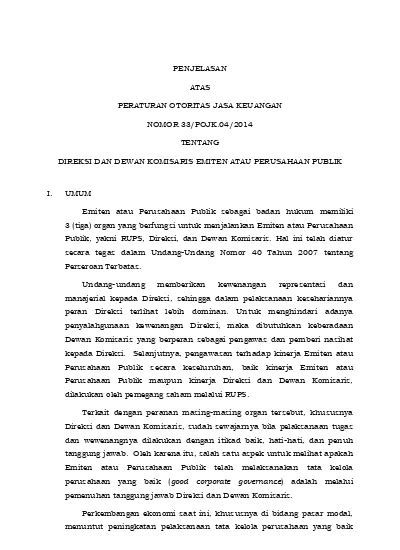 PENJELASAN ATAS PERATURAN OTORITAS JASA KEUANGAN NOMOR 33 POJK 04 2014