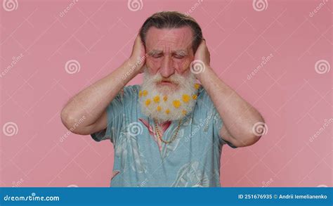 Frustrated Irritated Senior Man Covering Ears Avoiding Advice Ignoring Unpleasant Noise Loud