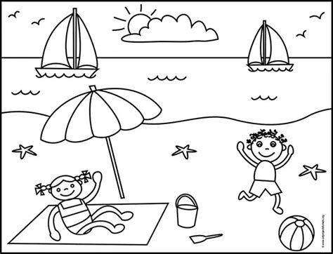 Easy How to Draw a Beach Tutorial Video & Beach Coloring Page