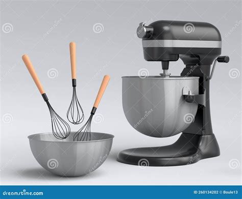 Mixer And Bowl With Kitchen Utensil For Preparation Of Dough On White