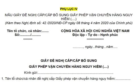 Mẫu giấy đề nghị cấp giấy phép vận chuyển hàng hóa nguy hiểm mới nhất