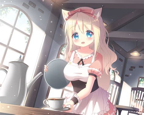 Aliasing Animal Ears Apron Aqua Eyes Blonde Hair Blush Breasts Drink