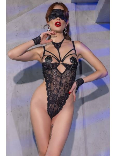 Chilirose Lingerie Body In Pizzo Nero Senza Coppe Con Accessori